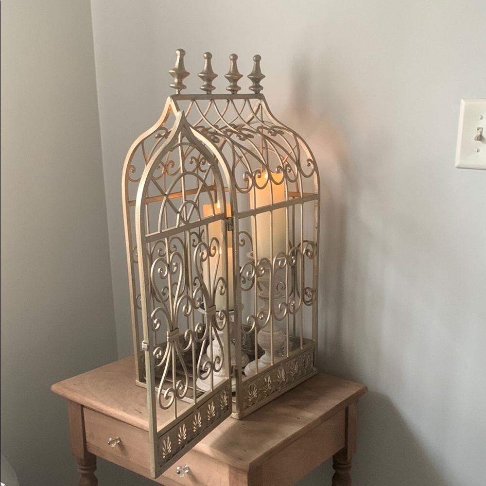 Elegant Gold Candle Holder Lantern bird cage large metal outdoor indoor home 28" - Picture 7 of 11